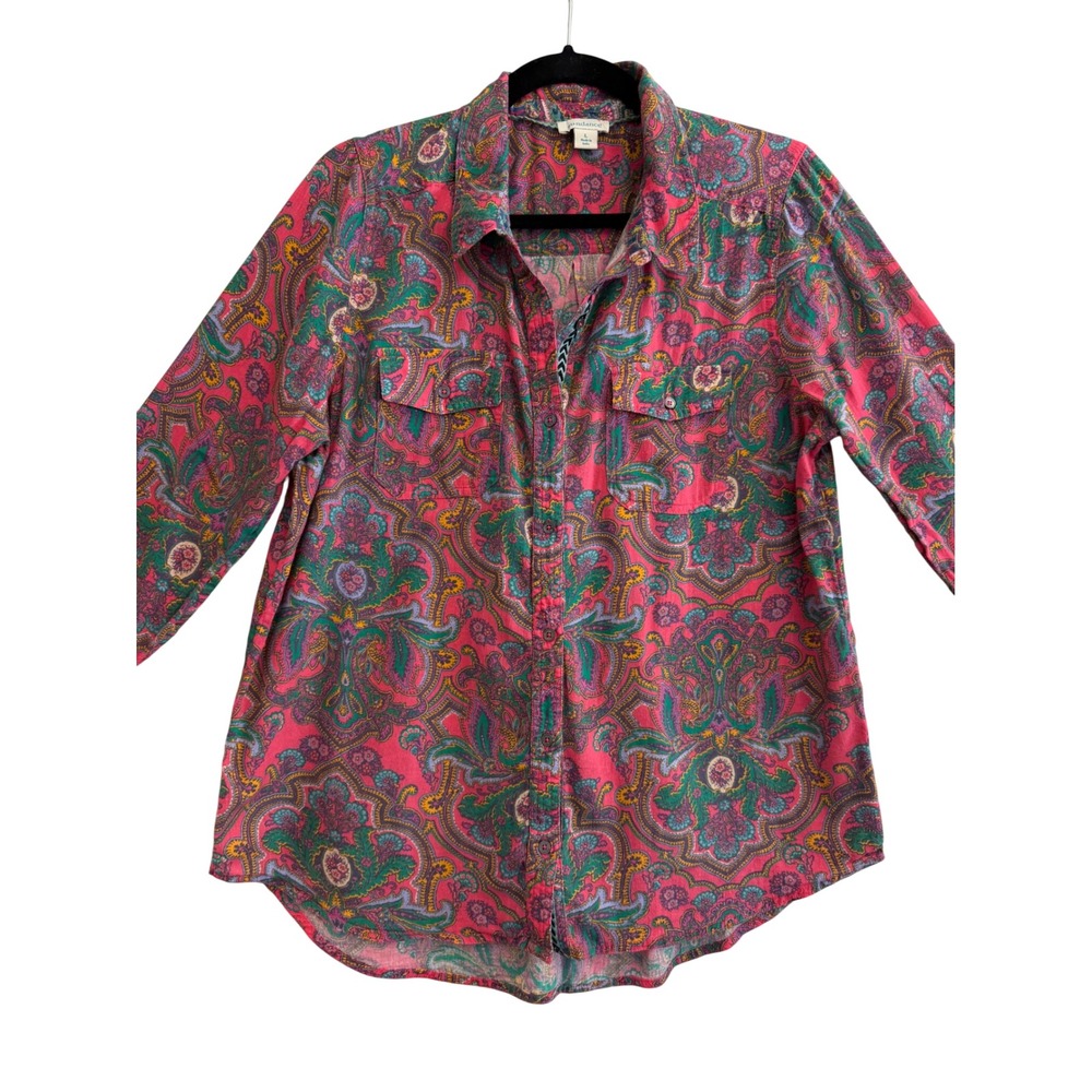 Sundance Paisley Button Down Shirt Womens L Pink Cotton Roll Tab Sleeve Boho - Picture 4 of 10